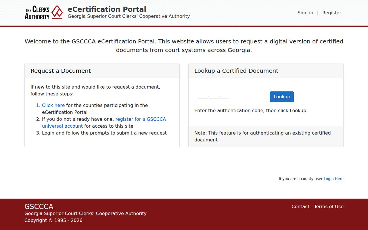 Georgia eCertification portal for requesting certified Sumter civil records