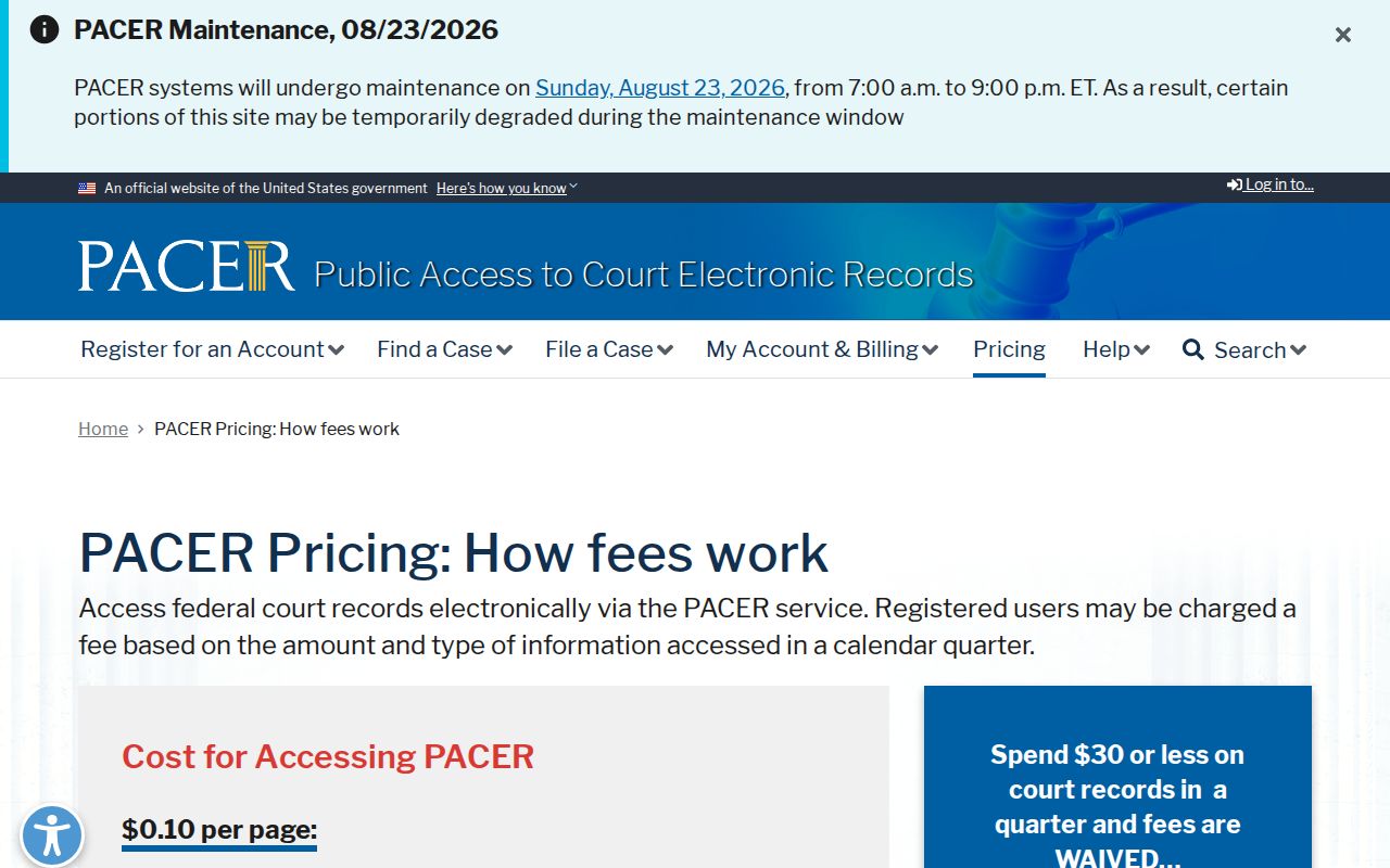 Sumter County federal court record PACER pricing