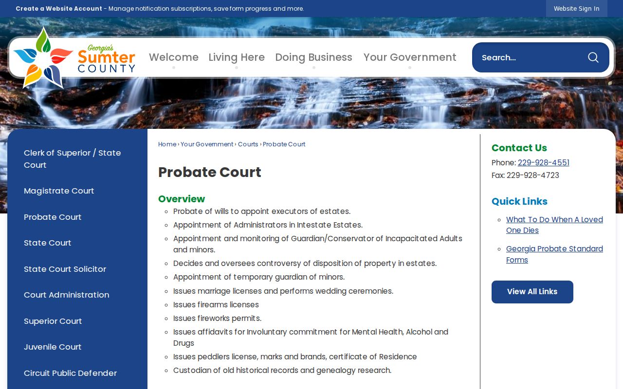 Sumter County Probate Court page